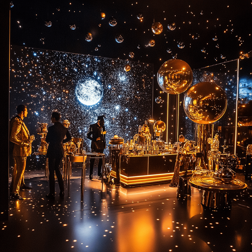 Futuristisches Silvesterparty-Setting mit glitzernden Dekorationen, eleganten Outfits, goldenen Akzenten und stimmungsvoller Beleuchtung. Perfekt für Motto-Ideen für Ihre Silvesterparty.