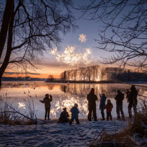 Menschen genießen das Silvesterfeuerwerk an einem See in Deutschland bei winterlicher Atmosphäre