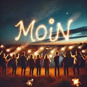 Funkelnde Wunderkerzen formen das Wort Moin, begleitet von einer stimmungsvollen Silvesternacht und Hotel & Silvester-Events im Norden