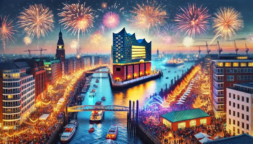 Feuerwerk über Hamburg an Silvester 2025 mit festlicher Atmosphäre entlang der Elbe