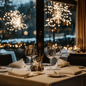 Elegante Silvester-Dekoration in einem stilvollen Hotelrestaurant mit festlich gedecktem Tisch, Kerzenlicht und Blick auf die winterliche Landschaft.