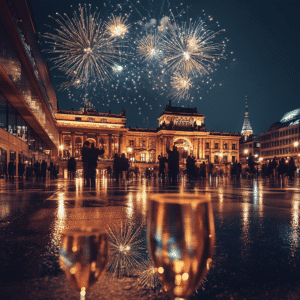 Silvester in Leipzig mit beeindruckendem Feuerwerk über dem Augustusplatz, leuchtende Gebäude, reflektierende Straßen und festliche Menschen in Feierlaune.