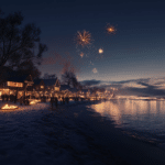 Abendliche Silvesterfeier an der Ostsee in Mecklenburg-Vorpommern mit beleuchtetem Strand, Feuerwerk am Himmel und festlicher Atmosphäre