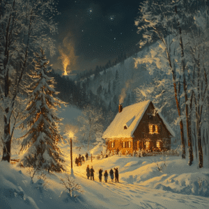 Winterliche Berghütte im Thüringer Wald mit leuchtenden Fenstern und festlicher Silvesterstimmung, verschneite Landschaft, Gruppen von Menschen genießen die Atmosphäre