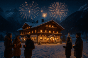 Alpenhotel in Tirol bei Nacht mit Silvesterfeuerwerk und Gästen im Schnee