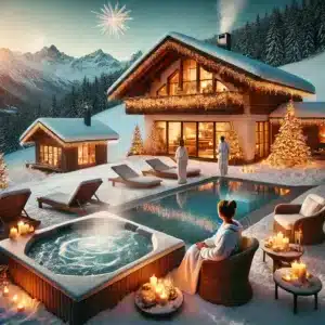 Silvesterparty in einem Wellnesshotel mit Outdoor-Whirlpool, verschneiter Landschaft und luxuriösem Ambiente