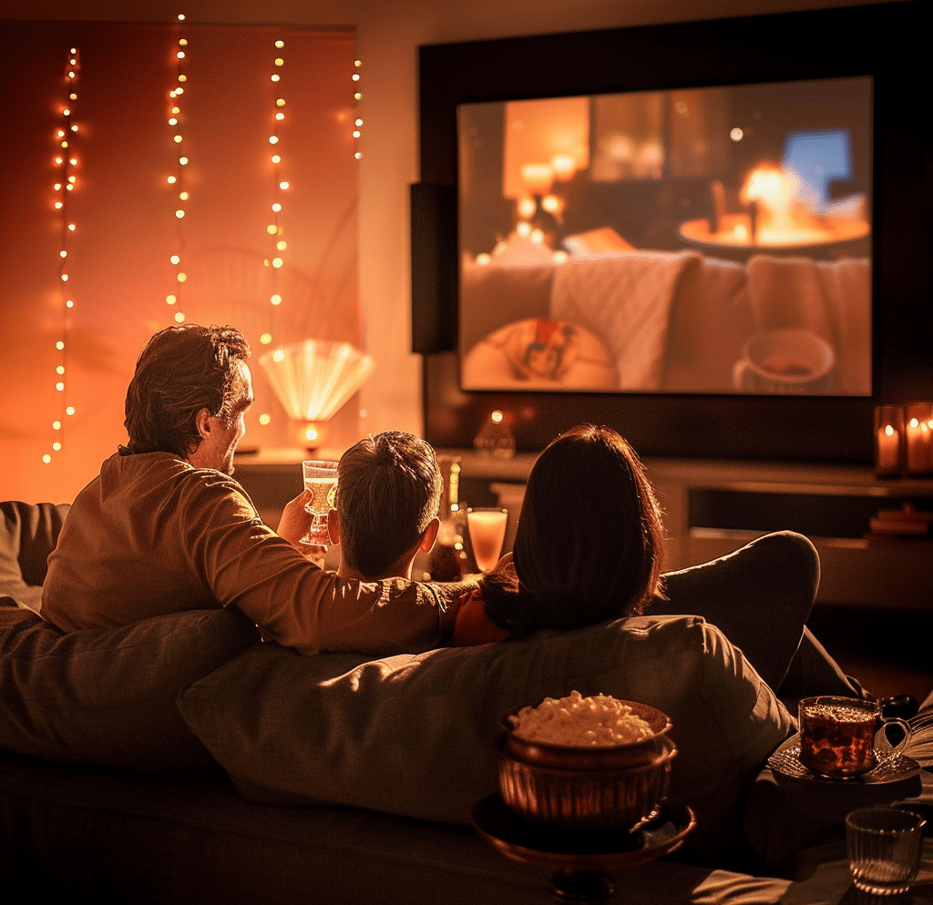 Eine Familie schaut an Silvester gemütlich „Dinner for One“, umgeben von festlicher Beleuchtung und Snacks.