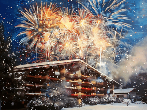 Feuerwerk über dem verschneiten Hotel Bannwaldsee bei Nacht