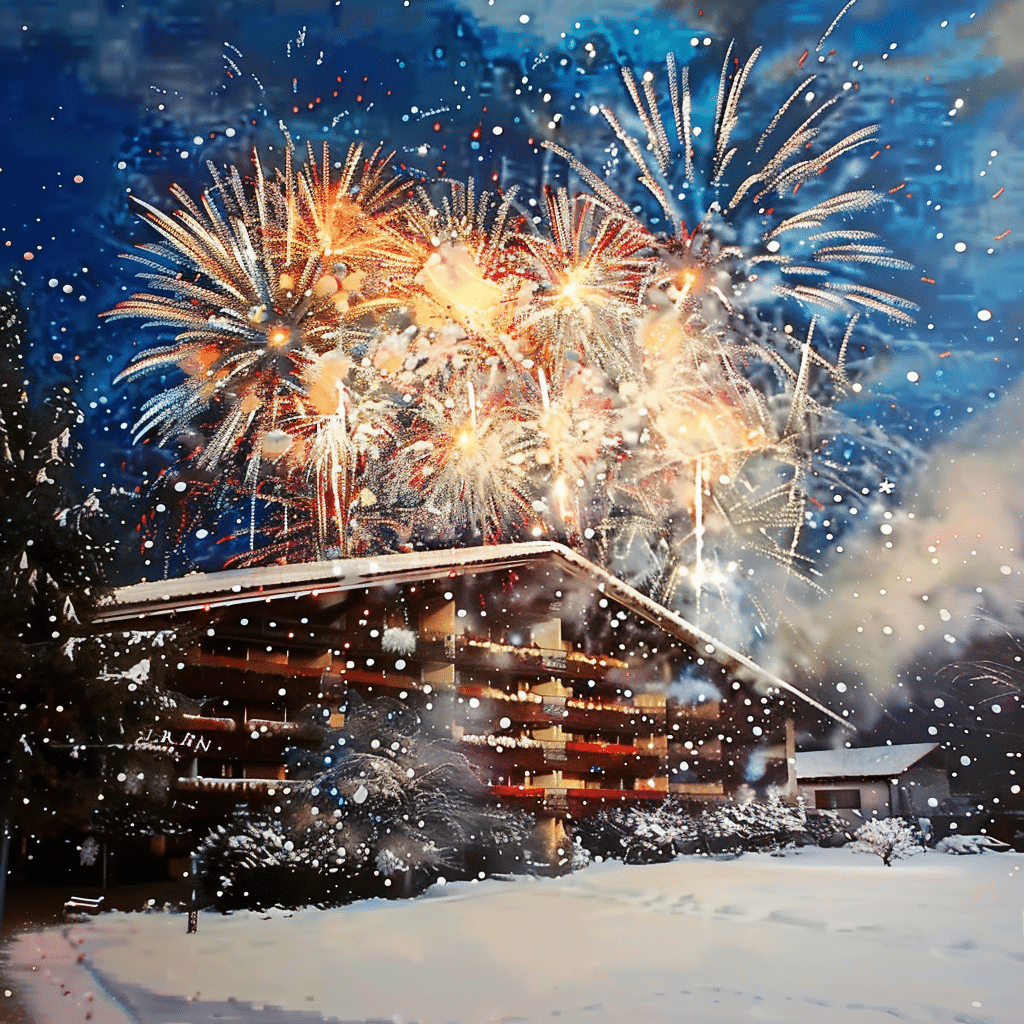 Feuerwerk über dem verschneiten Hotel Bannwaldsee bei Nacht