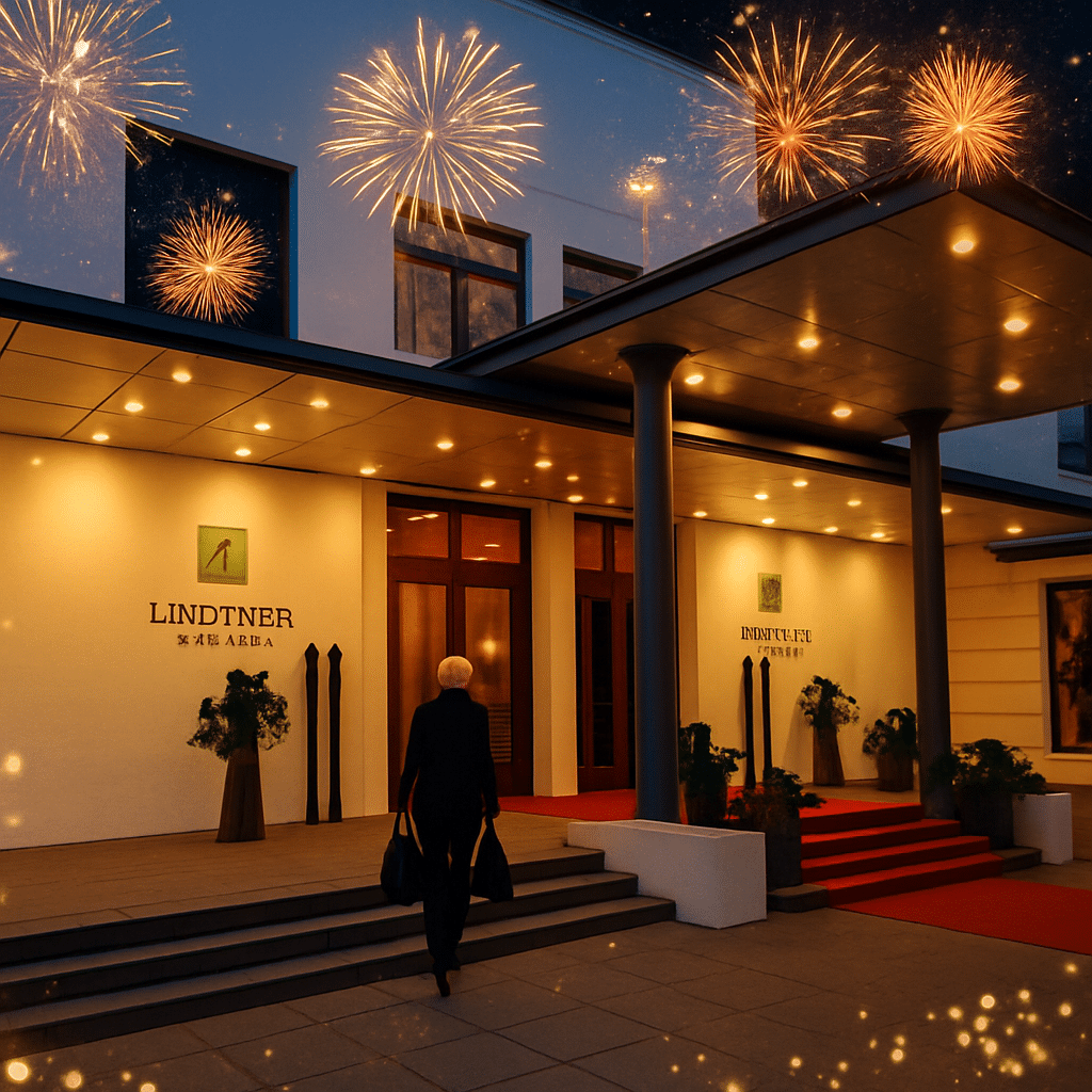 Eingang des Privathotel Lindtner Hamburg festlich beleuchtet zu Silvester mit Feuerwerk