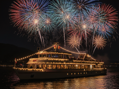 Schiff mit Gästen bei Silvesterfahrt und großem Feuerwerk am Rhein IntercityHotel Wiesbaden