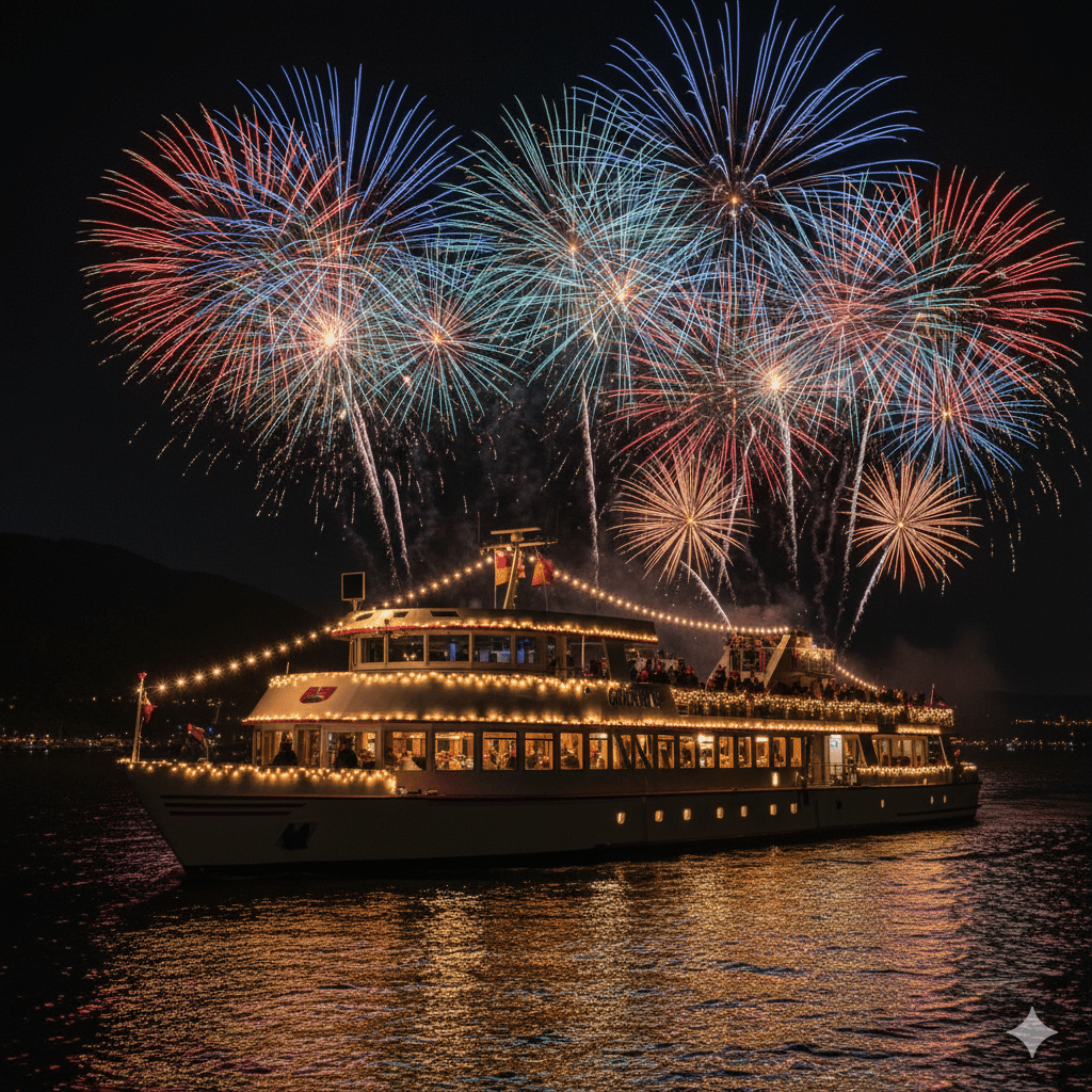 Schiff mit Gästen bei Silvesterfahrt und großem Feuerwerk am Rhein IntercityHotel Wiesbaden