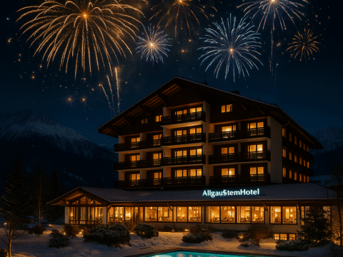 AllgäuSternHotel bei Nacht mit Feuerwerk und beleuchtetem Pool