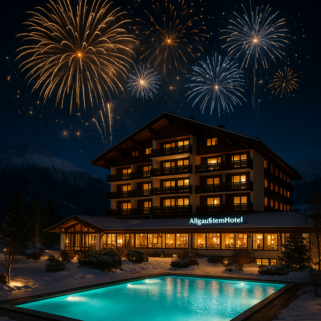 AllgäuSternHotel bei Nacht mit Feuerwerk und beleuchtetem Pool