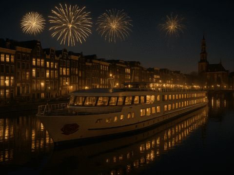 A-ROSA SENA vor historischer Kulisse in Amsterdam mit dezentem Feuerwerk zu Silvester