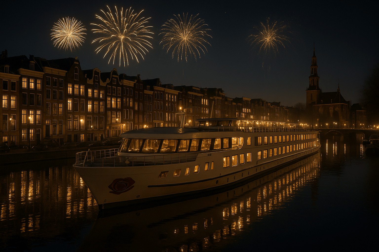 A-ROSA SENA vor historischer Kulisse in Amsterdam mit dezentem Feuerwerk zu Silvester