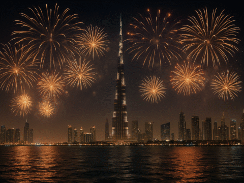 Silvesterfeuerwerk über der Skyline von Dubai mit Blick auf den Burj Khalifa vom Wasser, aufgenommen während der MSC Euribia Silvesterreise