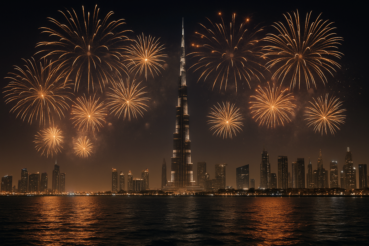 Silvesterfeuerwerk über der Skyline von Dubai mit Blick auf den Burj Khalifa vom Wasser, aufgenommen während der MSC Euribia Silvesterreise
