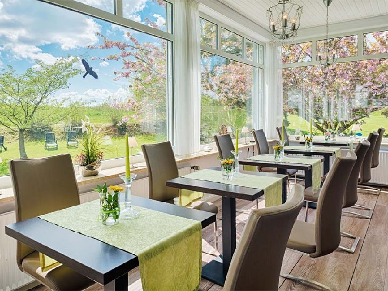 Restaurantbereich des HofHotel Krähenberg Grömitz mit Ausblick ins Grüne