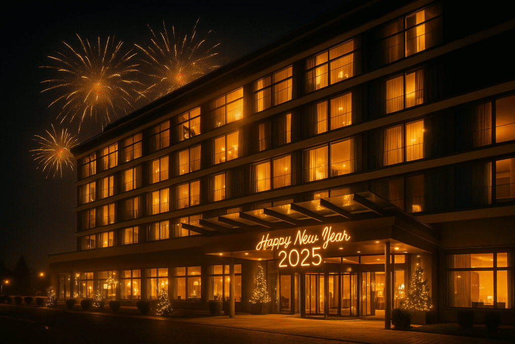 Beleuchtetes Hotel Marine mit dezentem Feuerwerk an Silvester