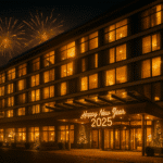 Beleuchtetes Hotel Marine mit dezentem Feuerwerk an Silvester