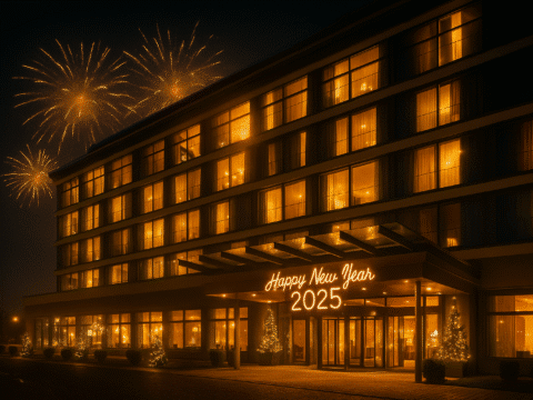 Beleuchtetes Hotel Marine mit dezentem Feuerwerk an Silvester