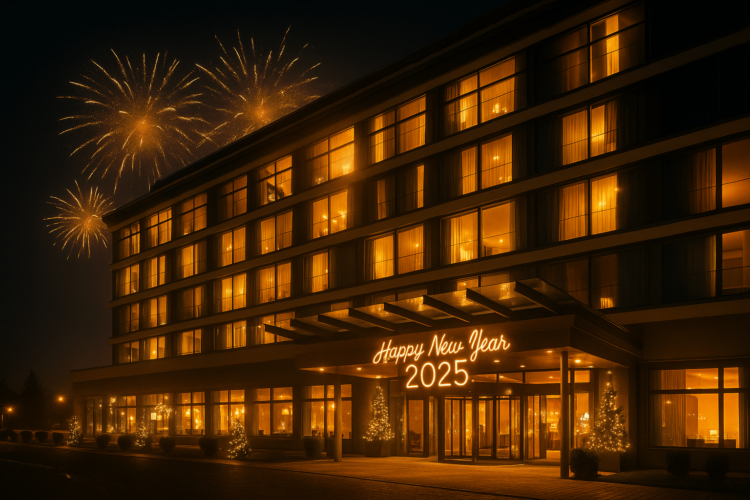 Beleuchtetes Hotel Marine mit dezentem Feuerwerk an Silvester