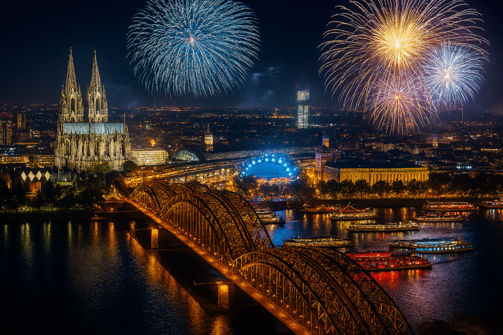 Silvesterfeuerwerk über Köln mit Blick auf den Dom, den Rhein und das Ameron Hotel Regent