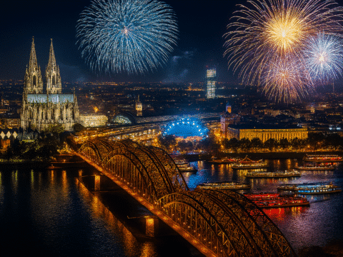 Silvesterfeuerwerk über Köln mit Blick auf den Dom, den Rhein und das Ameron Hotel Regent