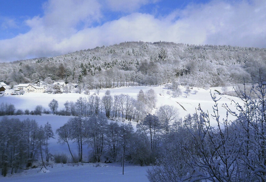 Schneebedeckte Hügel und Wälder rund um das Landgut Stetter zu Silvester