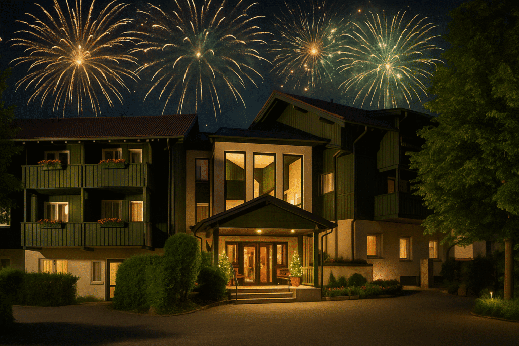 Abendliche Außenansicht vom Landhotel Christopherhof mit dezentem Feuerwerk