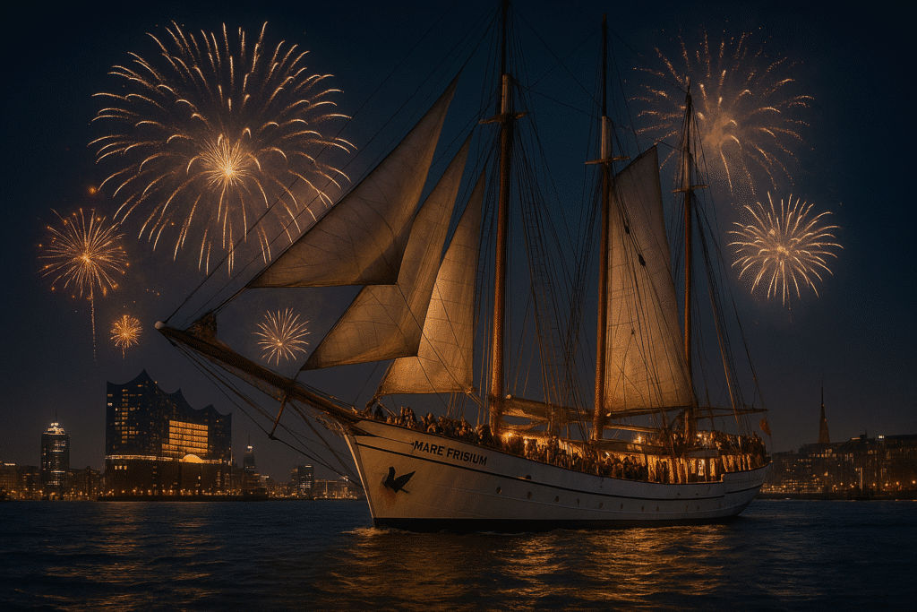 Segelschiff Mare Frisium bei Nacht im Hamburger Hafen mit Silvesterfeuerwerk