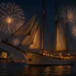 Segelschiff Mare Frisium bei Nacht im Hamburger Hafen mit Silvesterfeuerwerk