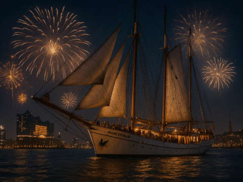 Segelschiff Mare Frisium bei Nacht im Hamburger Hafen mit Silvesterfeuerwerk