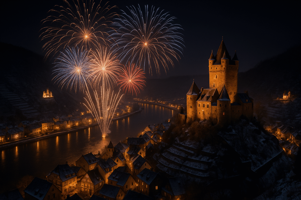 Feuerwerk an Silvester über Burg und Mosel nahe dem Mühlen Hotel Konschake