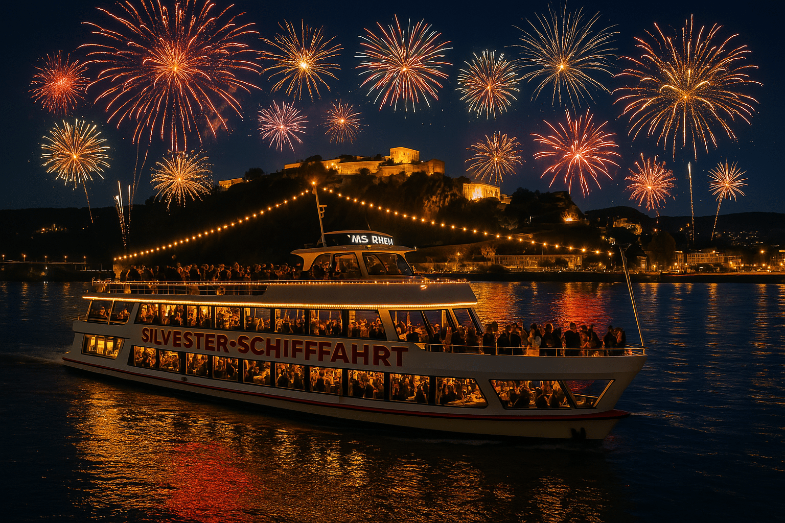 Silvester-Schifffahrt auf dem Rhein mit Blick auf das Feuerwerk bei Koblenz