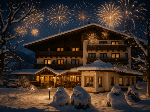 Schmiedhof bei Nacht mit Silvesterfeuerwerk – festliche Stimmung im verschneiten Zillertal