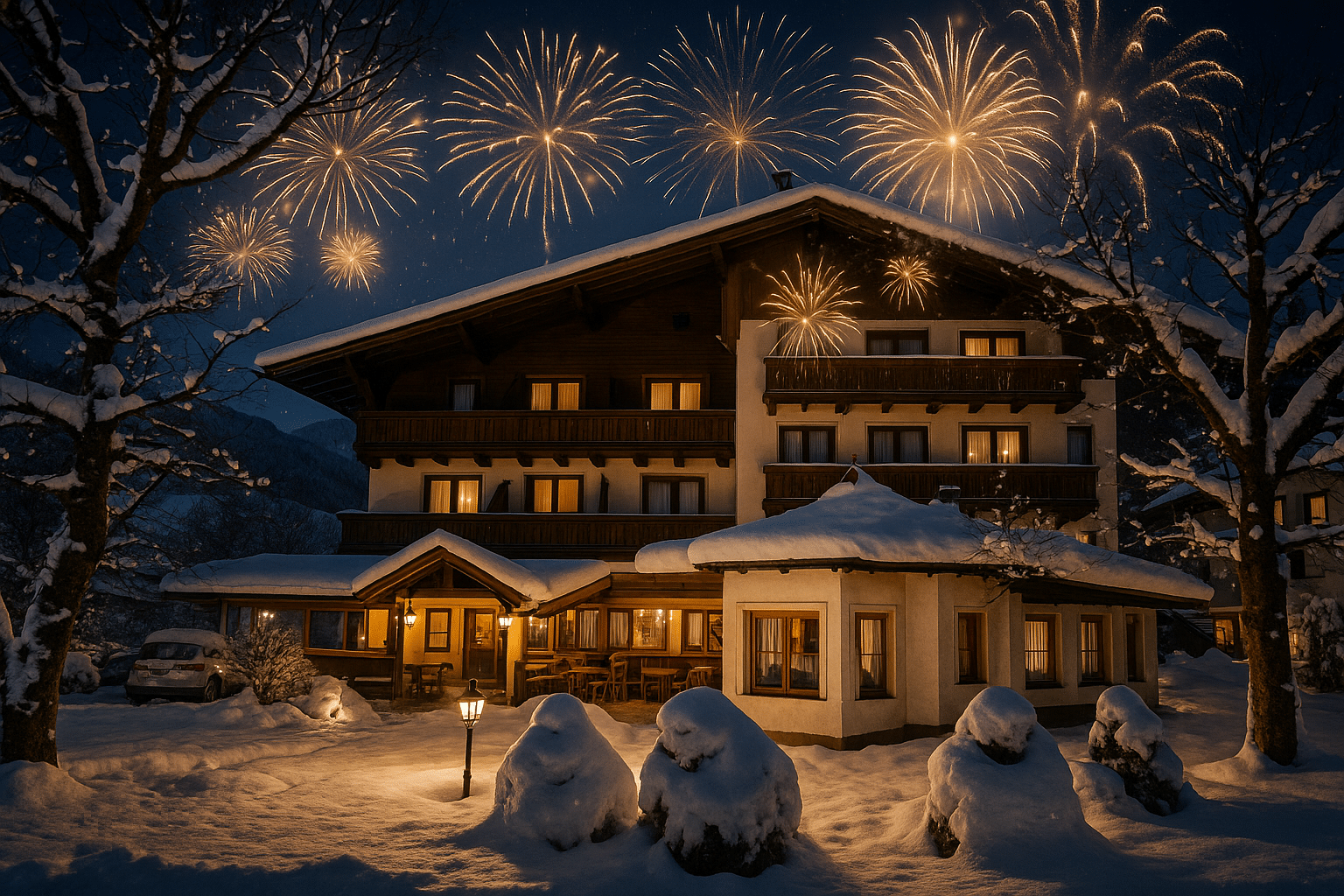 Schmiedhof bei Nacht mit Silvesterfeuerwerk – festliche Stimmung im verschneiten Zillertal