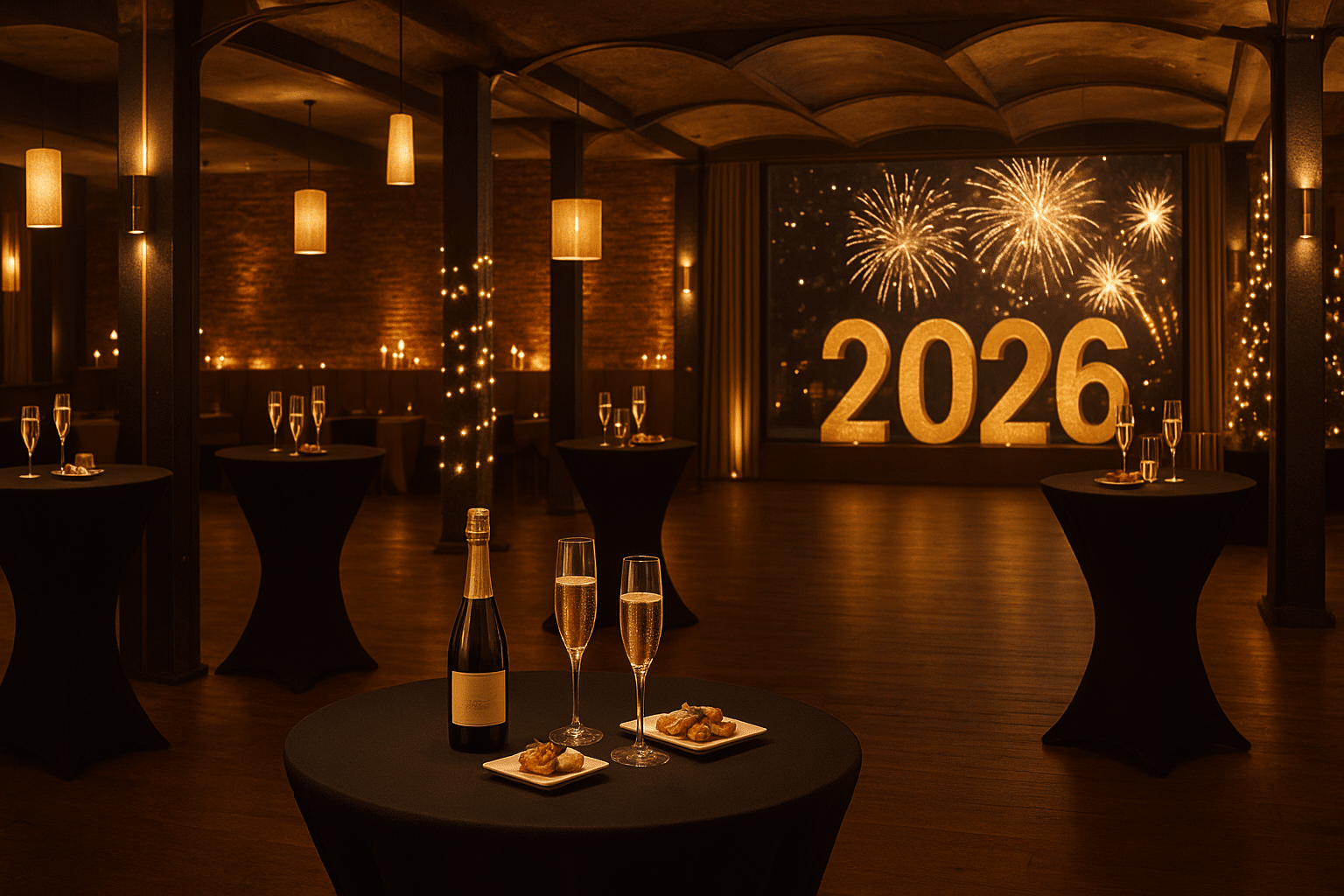 Elegante Silvesterveranstaltung im Speicherstadt Loft Hamburg mit Champagner, Mitternachtssnack und festlicher Deko