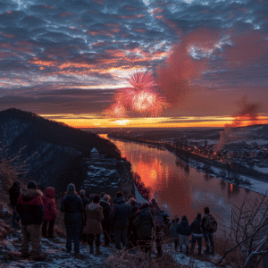 Blick auf ein leuchtendes Silvesterfeuerwerk vom Drachenfels aus, mit dem Rhein und einer Gruppe Menschen im Vordergrund, die das Spektakel betrachten.
