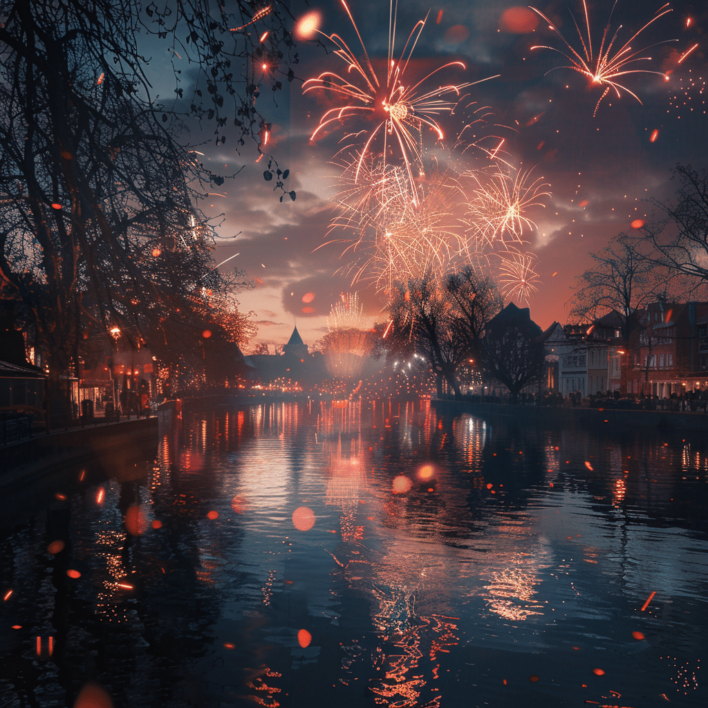 Feurige Silvesternacht mit prächtigem Feuerwerk reflektiert im Fluss nahe dem Altstadt Hotel Potsdam