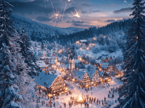 Festliche Silvesternacht im Harz mit Schnee, Feuerwerk und Fachwerkhäusern
