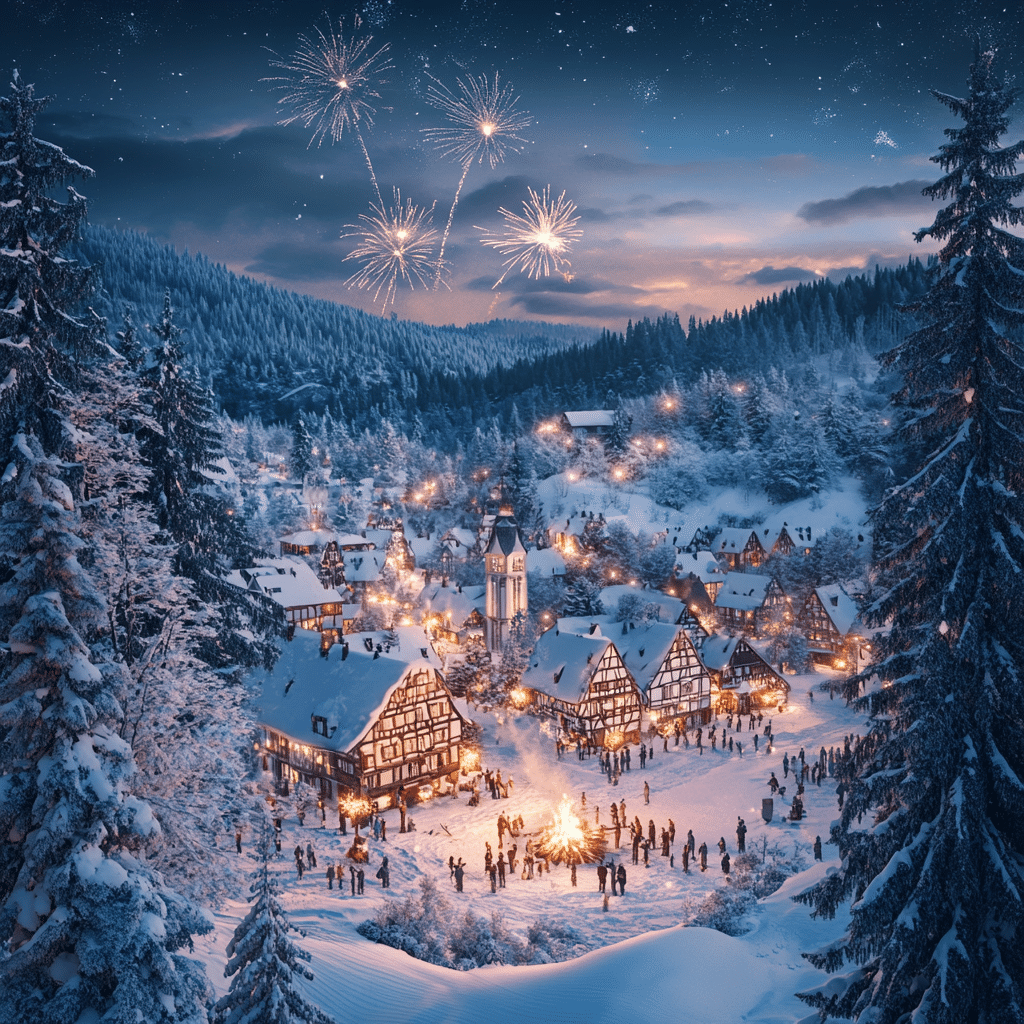 Festliche Silvesternacht im Harz mit Schnee, Feuerwerk und Fachwerkhäusern