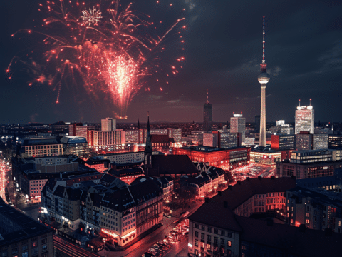 Feuerwerk über dem Alexanderplatz mit Blick auf das Park Inn by Radisson Berlin zum Jahreswechsel