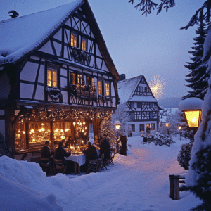  Romantisches Fachwerkhaus in der Fränkischen Schweiz mit festlich beleuchtetem Außenbereich, winterlicher Schneelandschaft und Silvesterfeier im Hintergrund