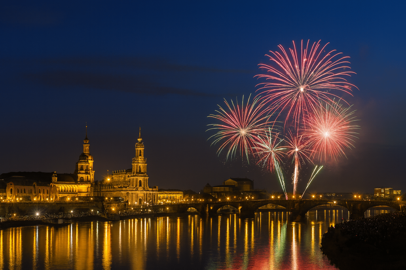 Silvester Hilton Hotel Dresden mit Feuerwerk an der Elbe