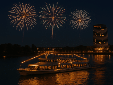 Illuminierte Silvesterschifffahrt mit Feuerwerk vor dem Bonn Marriott Hotel