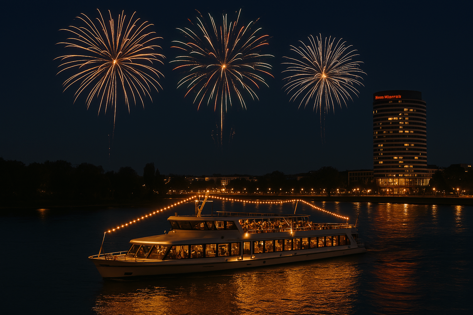 Illuminierte Silvesterschifffahrt mit Feuerwerk vor dem Bonn Marriott Hotel