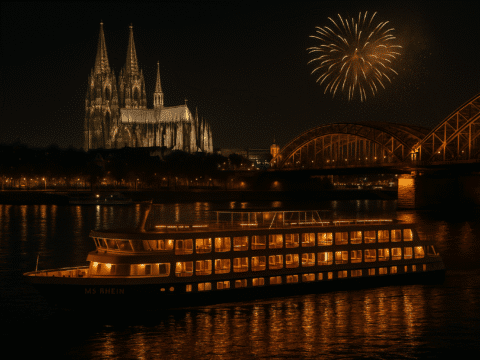 Beleuchtetes Schiff MS Rhein vor dem Kölner Dom mit Feuerwerk zu Silvester in Köln