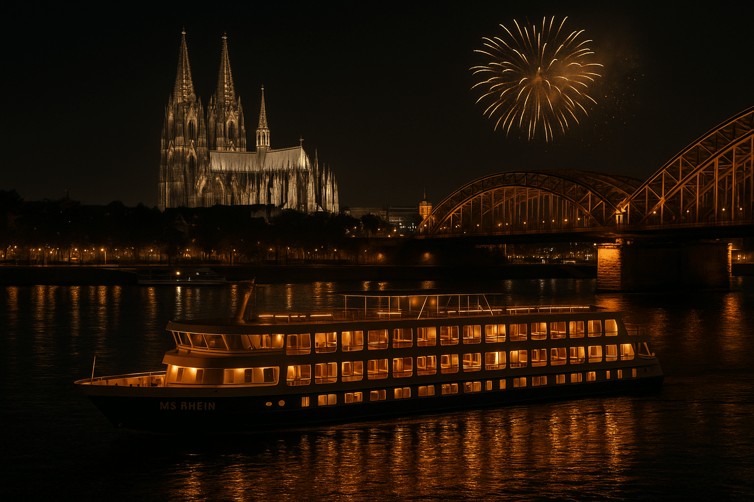 Beleuchtetes Schiff MS Rhein vor dem Kölner Dom mit Feuerwerk zu Silvester in Köln